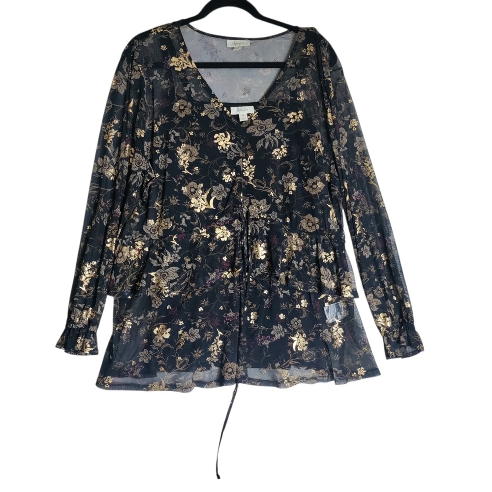 Style & Co Womens Black Metallic Floral Ruffled Long Sleeve V-Neck Top Plus 2X